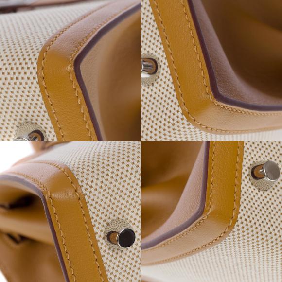 HERMES New Kelly 28 sellier handbag strap in beige canvas and gold leather, SHW - Picture 12 of 12